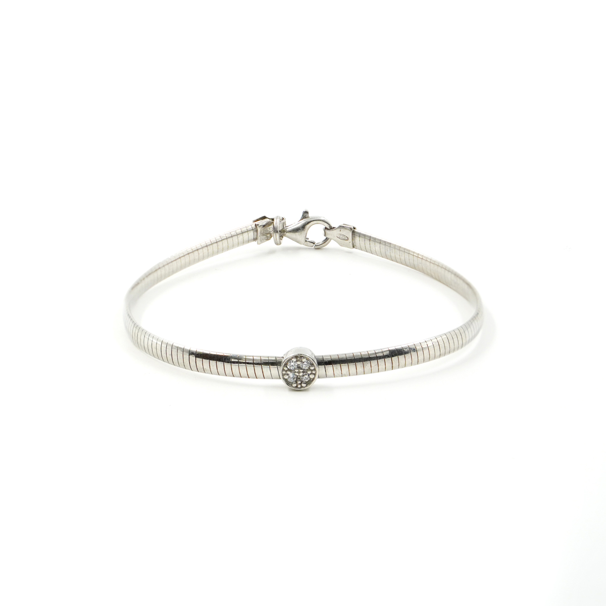 Sterling Silver snake chain bracelet with round element with white zircons – Rhodium Color