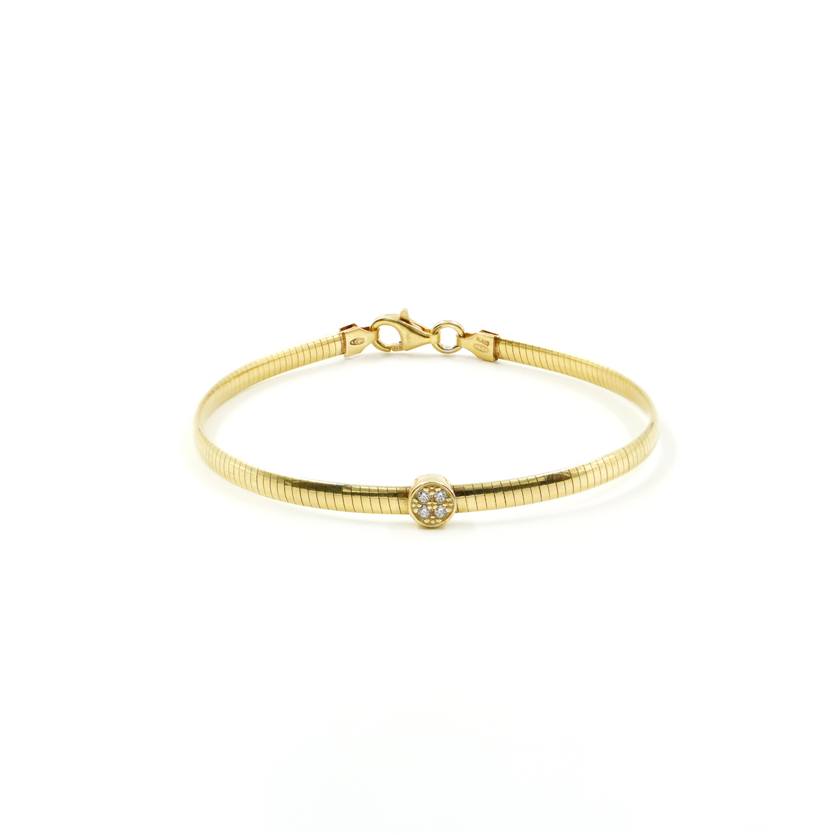 Sterling Silver snake chain bracelet with round element with white zircons – Golden Color