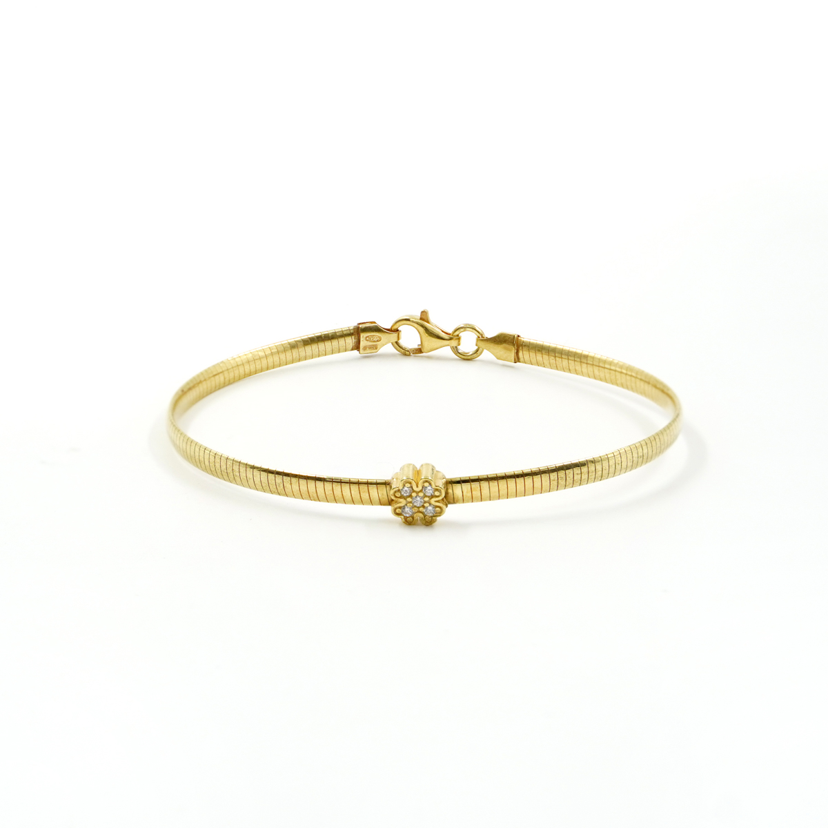 Sterling Silver snake chain bracelet with four-leaf clover element with white zircons – Golden Color