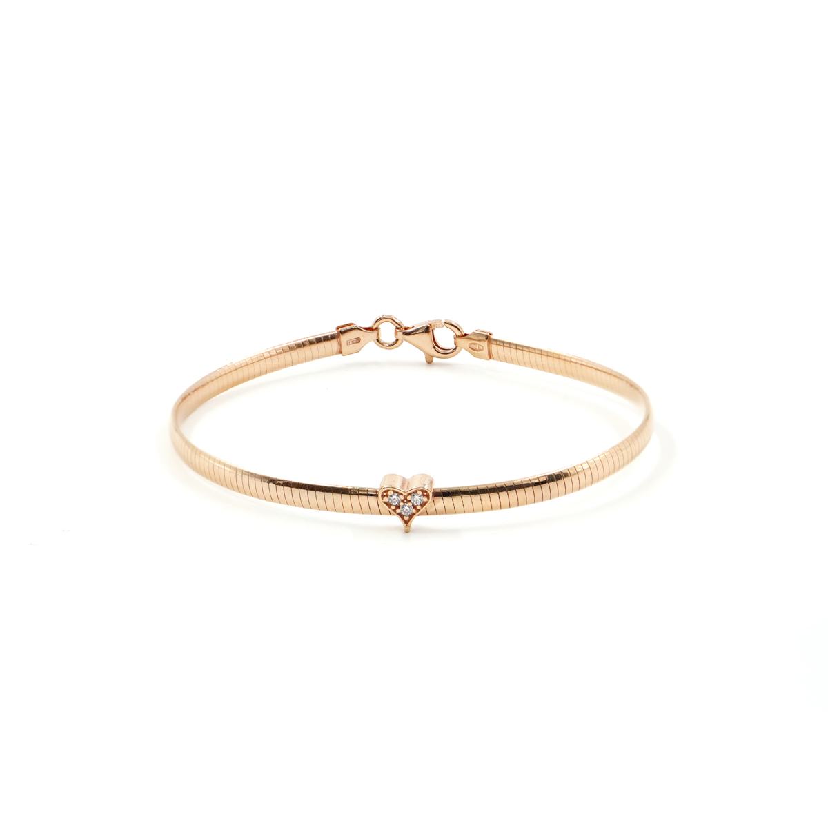 Sterling Silver snake chain bracelet with heart element with white zircons – Rose Color