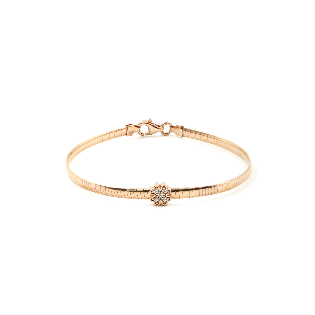 Sterling Silver snake chain bracelet with four-leaf clover element with white zircons – Rose Color