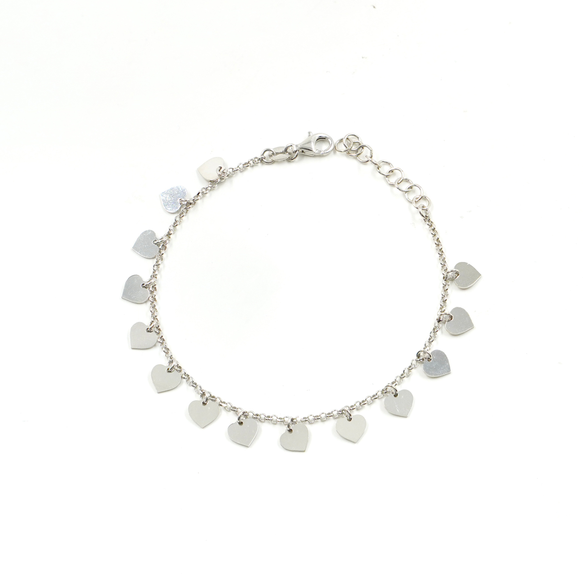 Sterling Silver bracelet with 14 heart charms – Rhodium Color