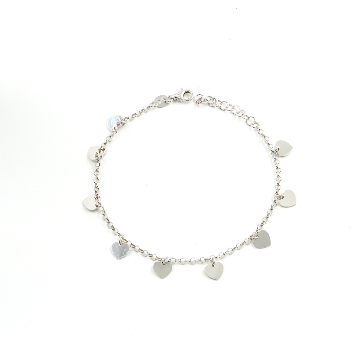Sterling Silver bracelet with 9 heart charms – Rhodium Color