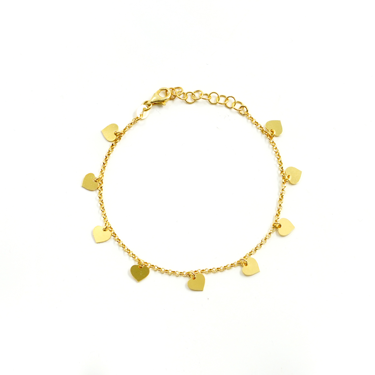 Sterling Silver bracelet with 9 heart charms – Golden Color