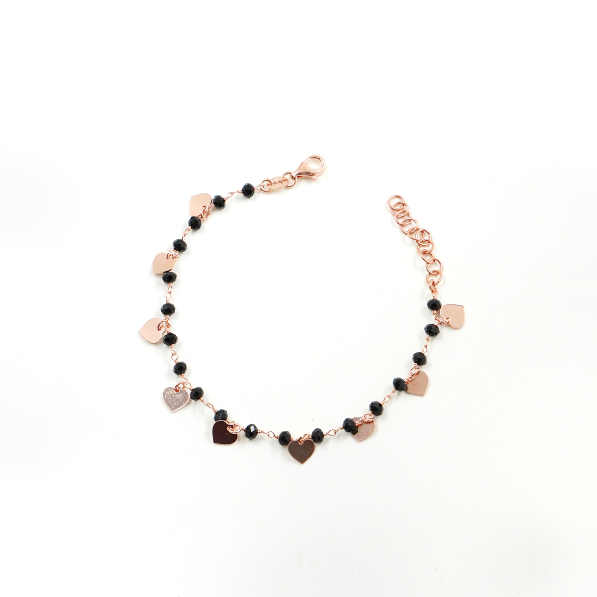 Sterling Silver bracelet with black agate and heart elements – Rose Color