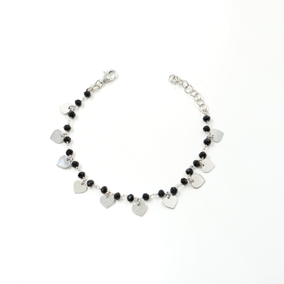 Sterling Silver bracelet with black agate and heart elements – Rhodium Color