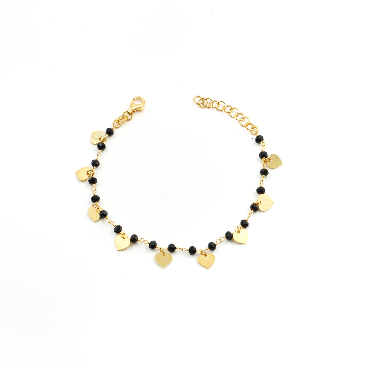 Sterling Silver bracelet with black agate and heart elements – Golden Color