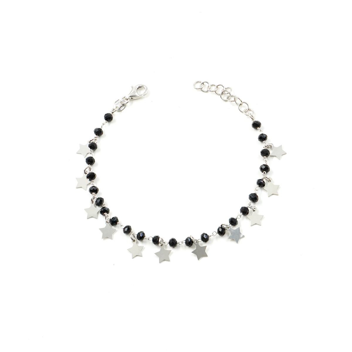 Sterling Silver bracelet with black agate and star elements – Rhodium Color