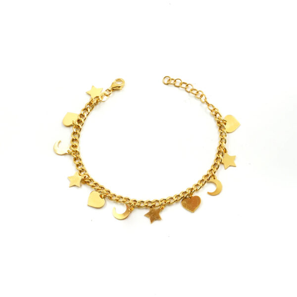Bracciale catena gourmette in argento 925 con elementi stella, cuore, luna pendenti – Dorato