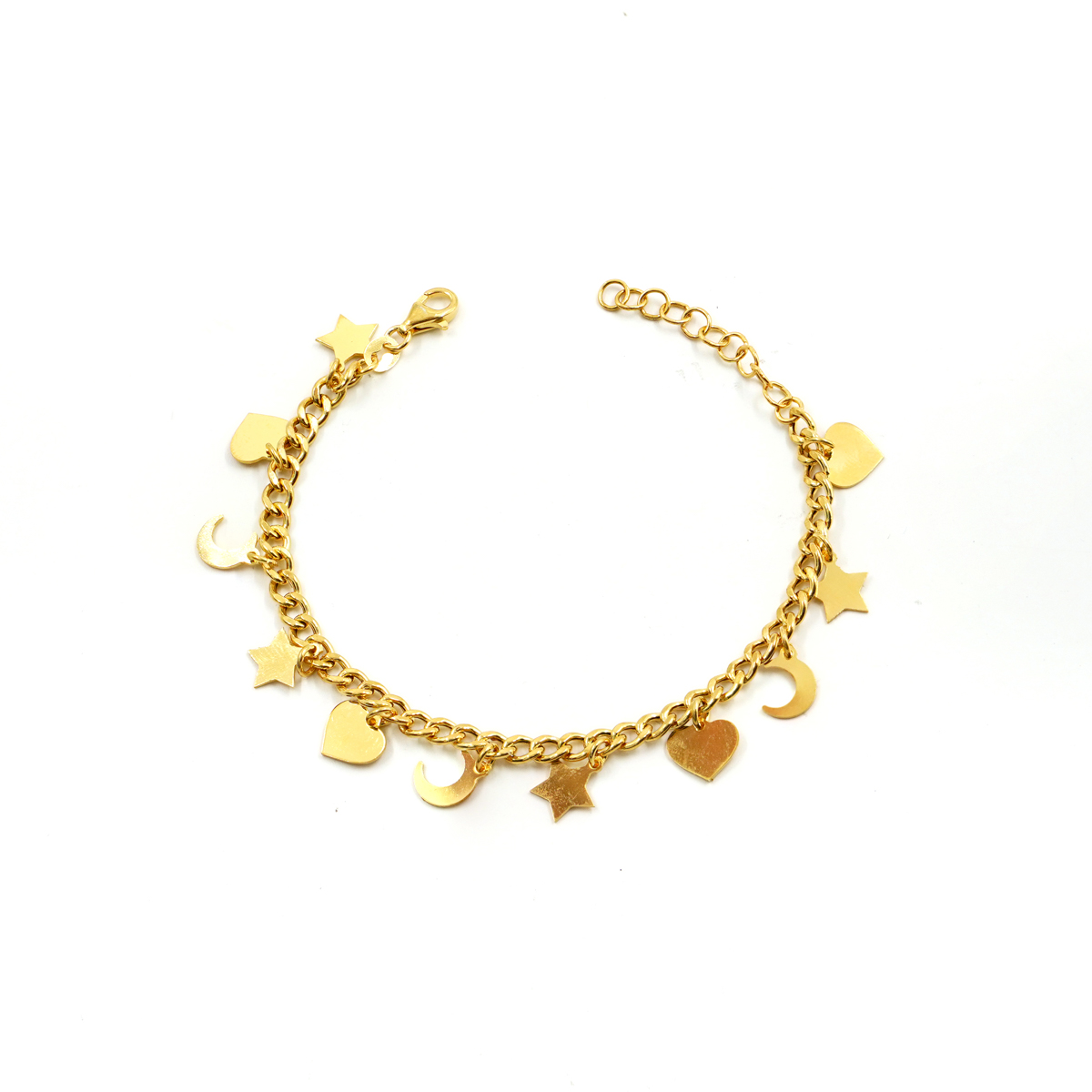 Sterling Silver bracelet gourmette chain with heart, star, moon charms – Golden Color