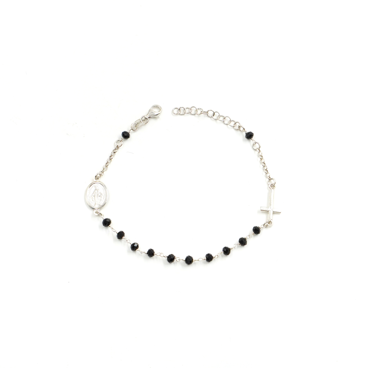 Sterling Silver rosary bracelet with black agate – Rhodium Color