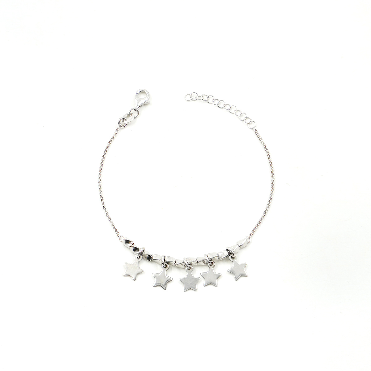 Sterling Silver bracelet rolo chain with 5 star – Rhodium Color