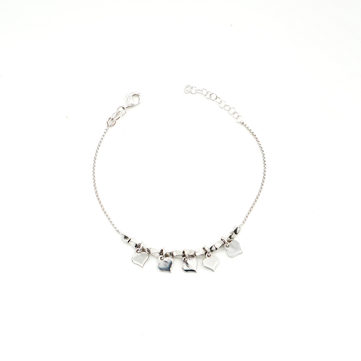 Sterling Silver bracelet rolo chain with 5 heart – Rhodium Color