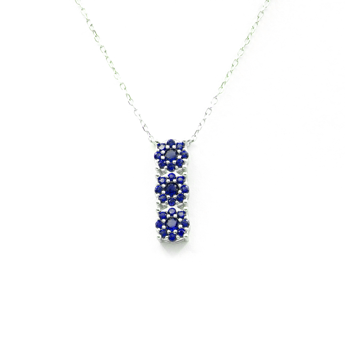 Sterling Silver necklace with trilogy pendant with blue zircons – Rhodium Color