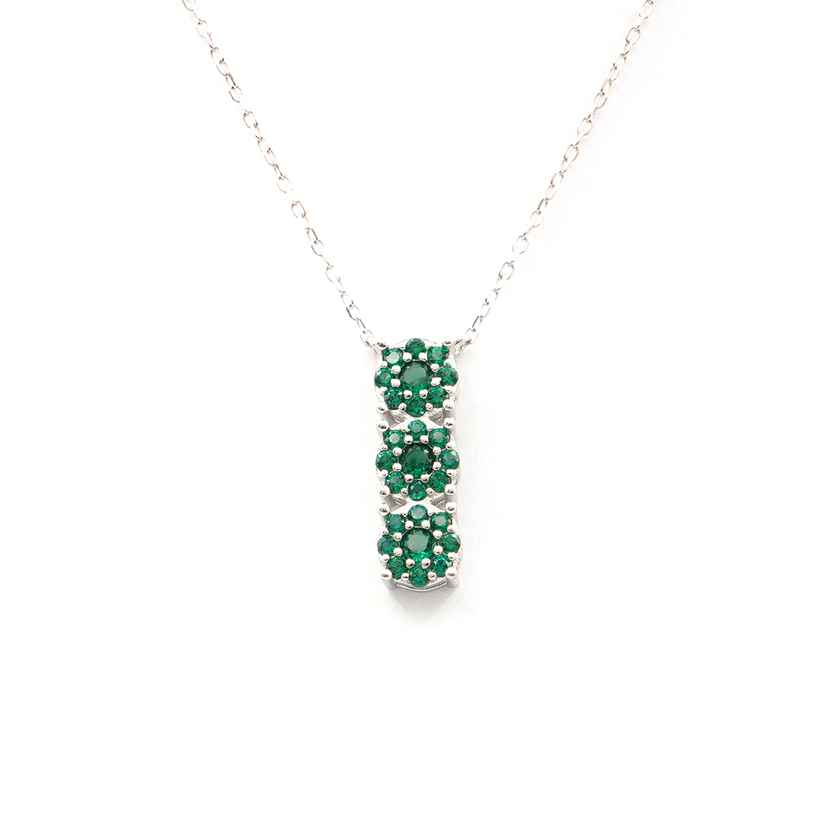 Sterling Silver necklace with trilogy pendant with green zircons – Rhodium Color