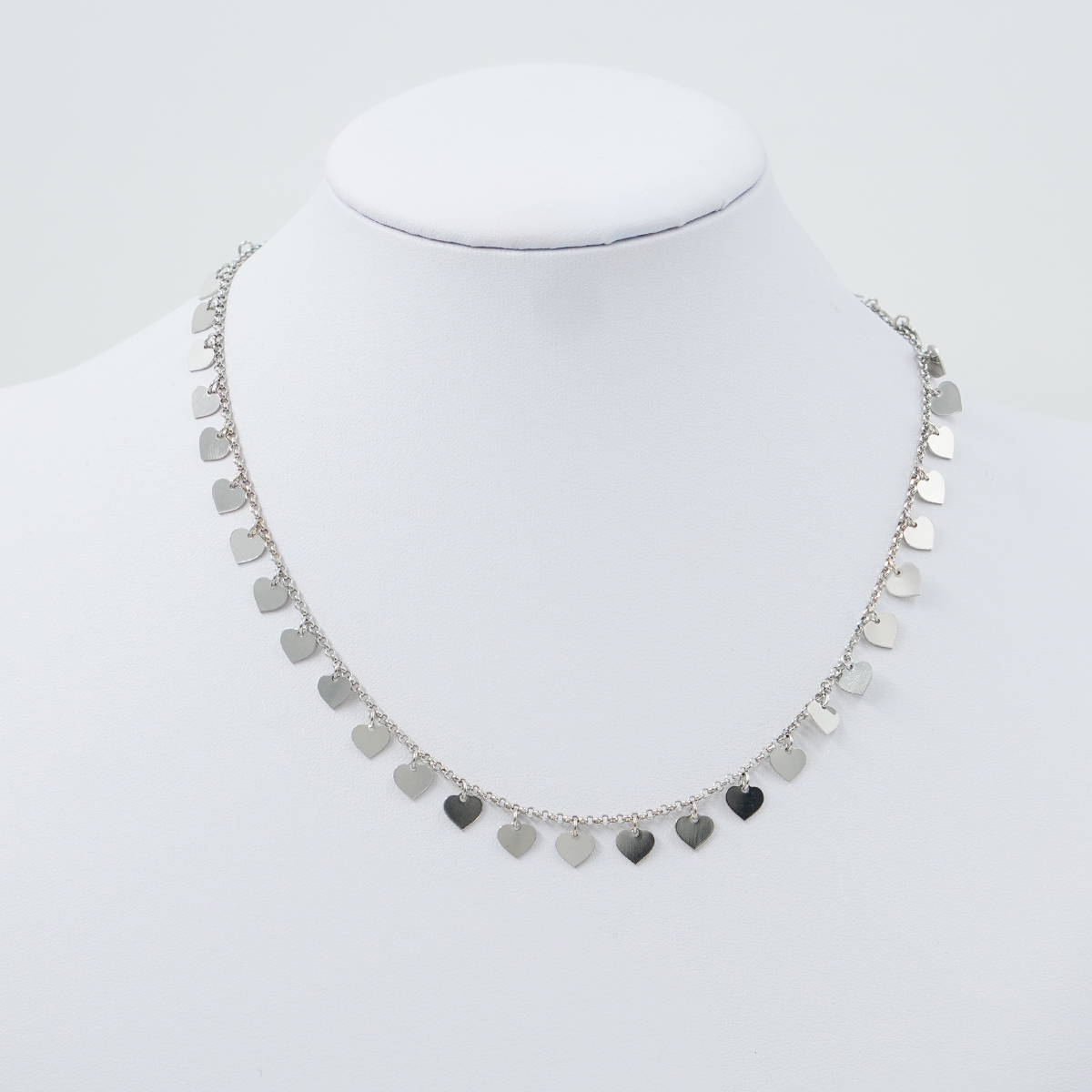 Sterling Silver necklace rolo chain with heart charms – Rhodium Color
