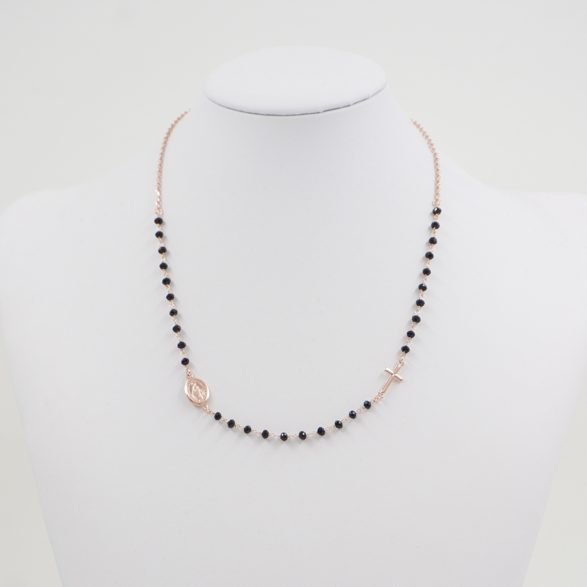 Sterling Silver rosary necklace with black agate – Rose Color