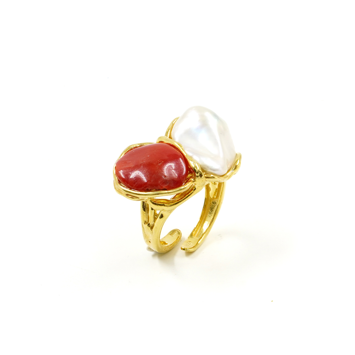 Anello in argento con corallo e perla – Dorato - immagine 2
