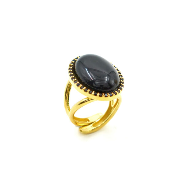 Sterling Silver ring with black agate and black zircons – Golden Color