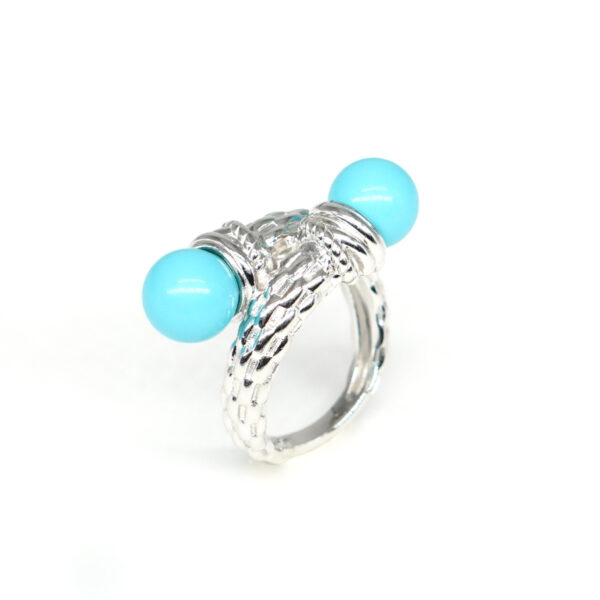 Sterling Silver contrarier ring with recon turquoise sphere – Rhodium Color