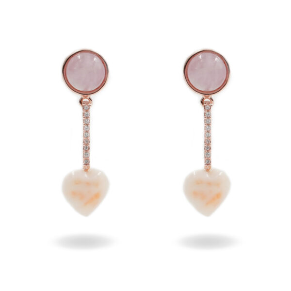 Sterling Silver earrings with kunzite, zircons and pink Coral heart shape - Rose Color