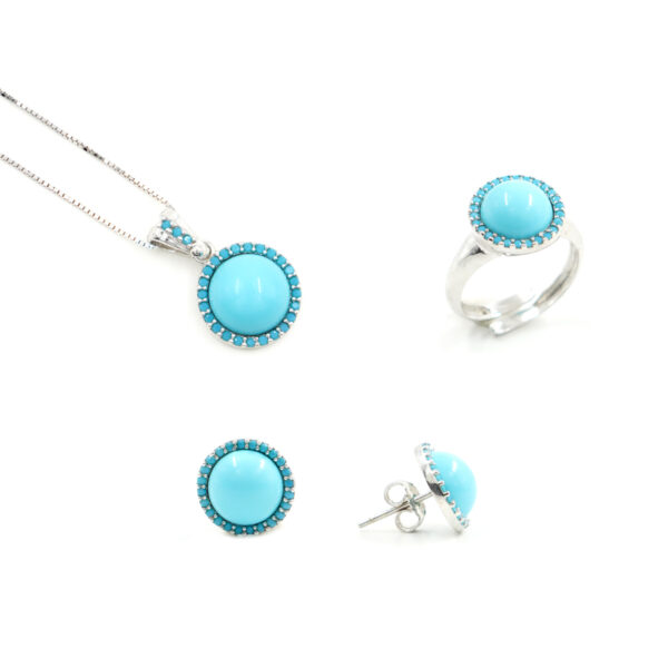 Sterling Silver set with recon turquoise and turquoise color zircons – Rhodium Color