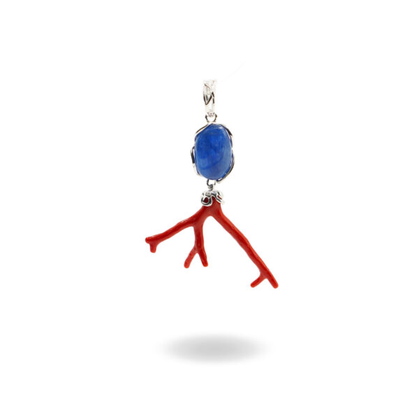 Sterling Silver pendant with kyanite and coral branch &ndash; Rhodium Color
