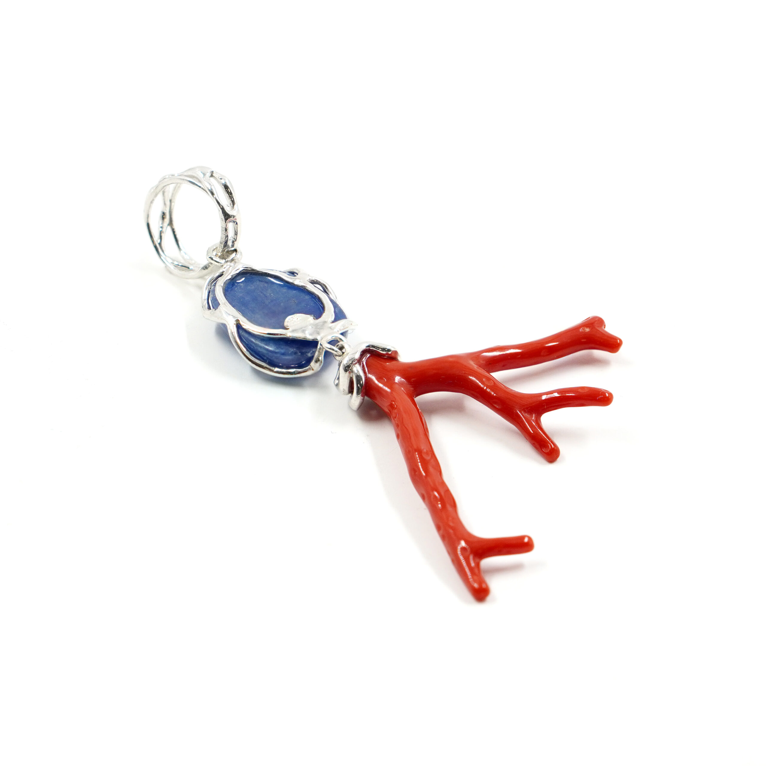 Pendente in argento con cianite e ramo di corallo – Rodiato - immagine 2