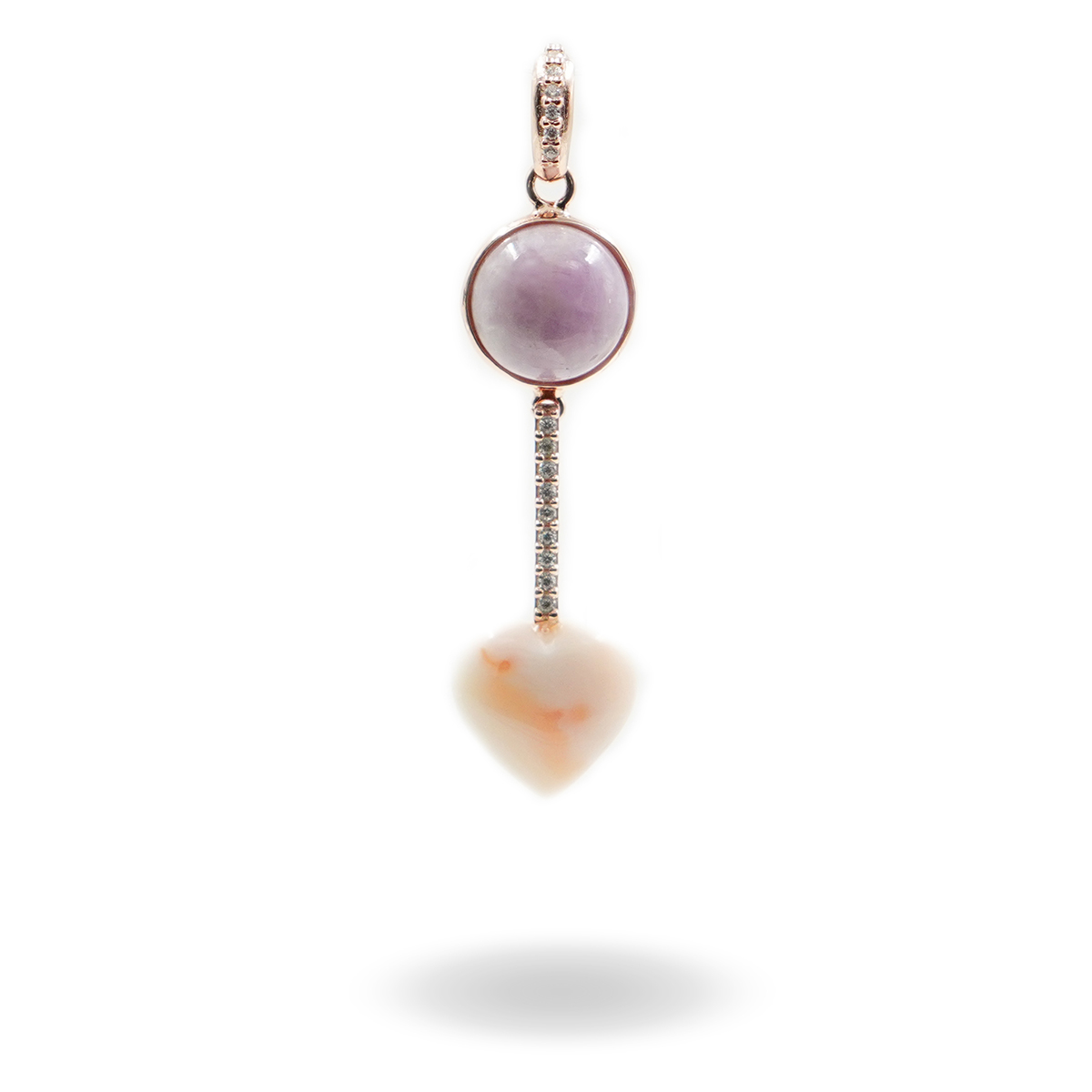 Pendente in argento con kunzite, zirconi e cuore di corallo rosa - Rosè