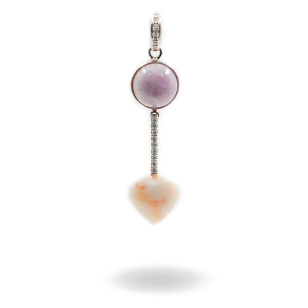 Sterling Silver pendant with kunzite, zircons and pink Coral heart shape &ndash; Rhodium Color