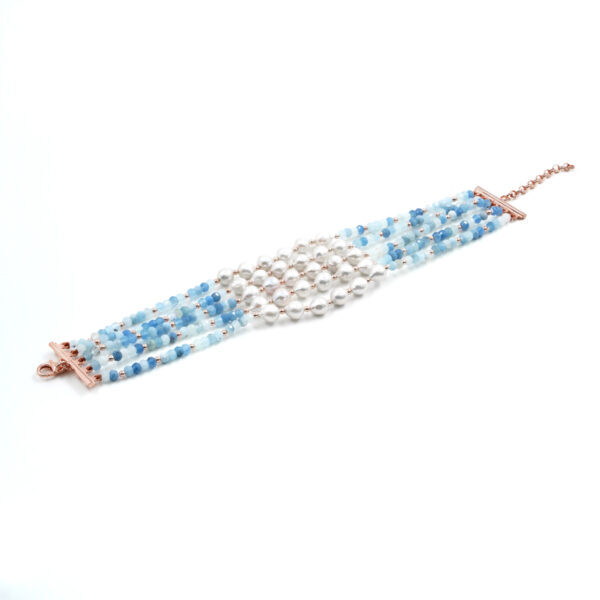 Multistrand Bracelet with aquamarine, Pearl, sterling silver clasp – Rose Color