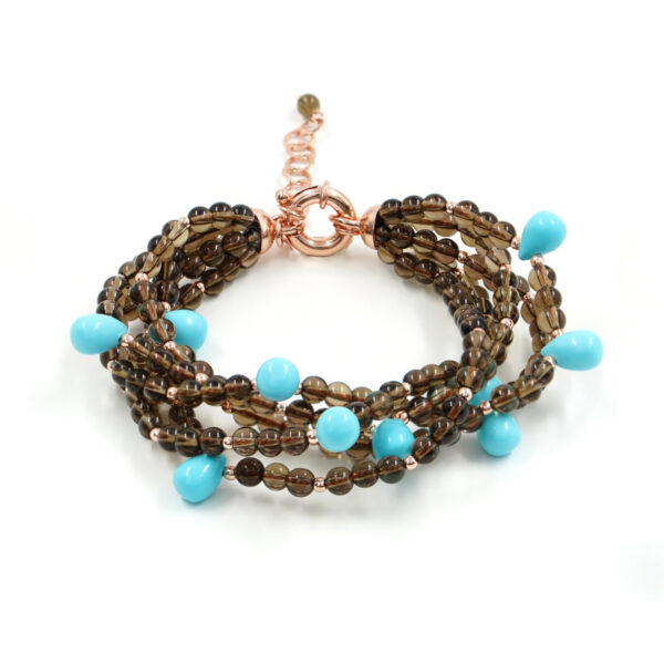Bracciale Multifilo con quarzo fumè, pasta di turchese, chiusura in argento – Rosè