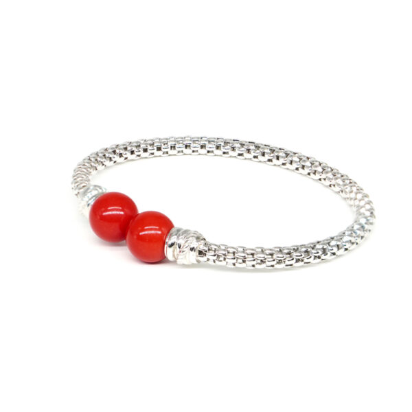 Sterling Silver Fope bracelet with recon coral sphere – Rhodium Color