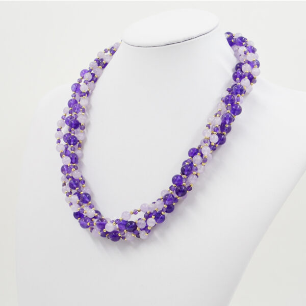 Multistrand Necklace with amethyst and lavander amethyst, sterling silver clasp - Golden Color