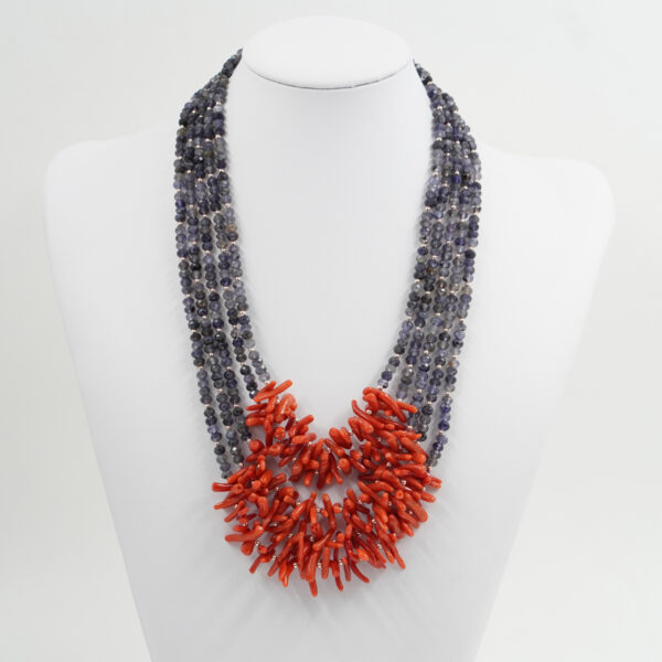 Multistrand Necklace with iolite, Coral, sterling silver clasp – Rose Color