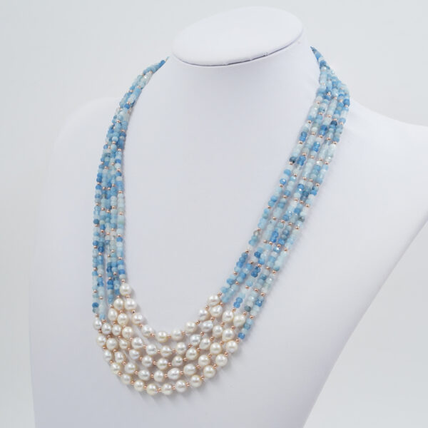 Collana Multifilo con acquamarina, perla, chiusura in argento – Rosè