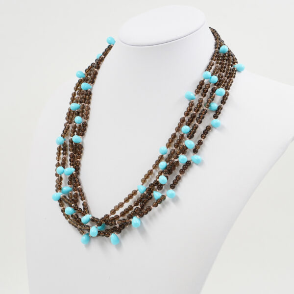 Multistrand Necklace with smoky quartz, recon turquoise, sterling silver clasp – Rose Color