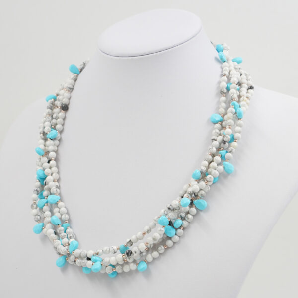 Multistrand Necklace with howlite, recon turquoise, sterling silver clasp – Rose Color