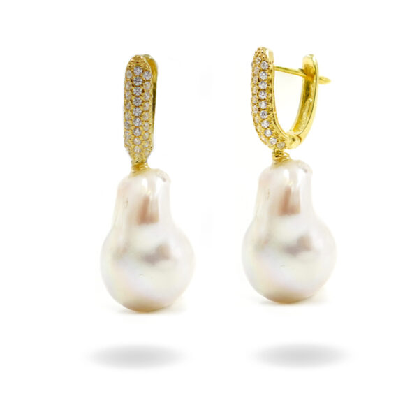 Sterling silver earrings with baroque pearl and zircons – Golden Color