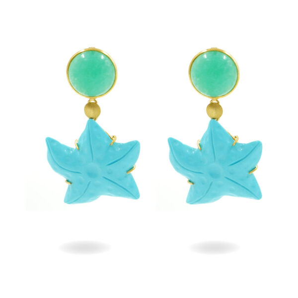 Sterling silver earrings with green sponge quartz and recon turquoise marine star shape – Golden Color
