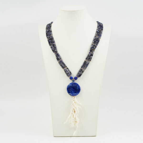 Multistrands Necklace with iolite, lapis lazuli, sodalite, white coral, sterling silver clasp – Rose Color