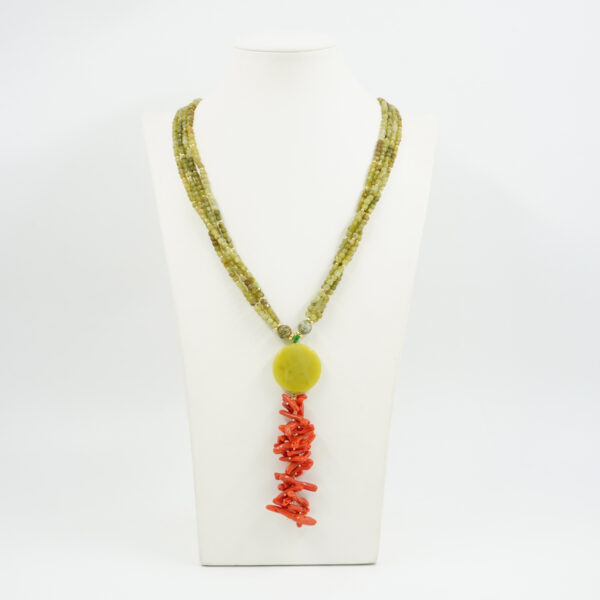 Multistrands Necklace with green garnet, jade, red coral, sterling silver clasp – Golden Color