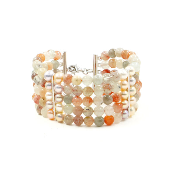 Multistrands Bracelet with sunstone, natural color pearl, hematite, sterling silver clasp – Rhodium Color