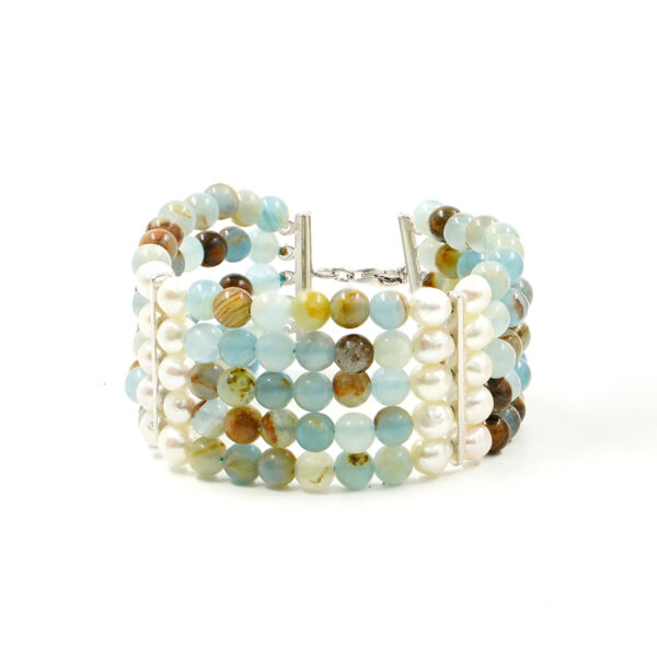 Bracciale Multifilo con calcite blu, perla, ematite, chiusura in argento – Rodiato