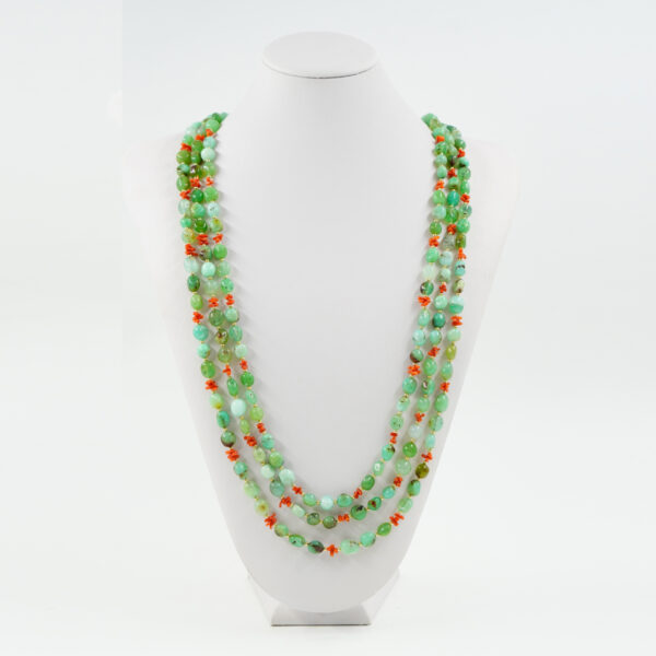 Multistrands Necklace with chrysoprase tumble, coral, hematite, sterling silver clasp – Golden Color