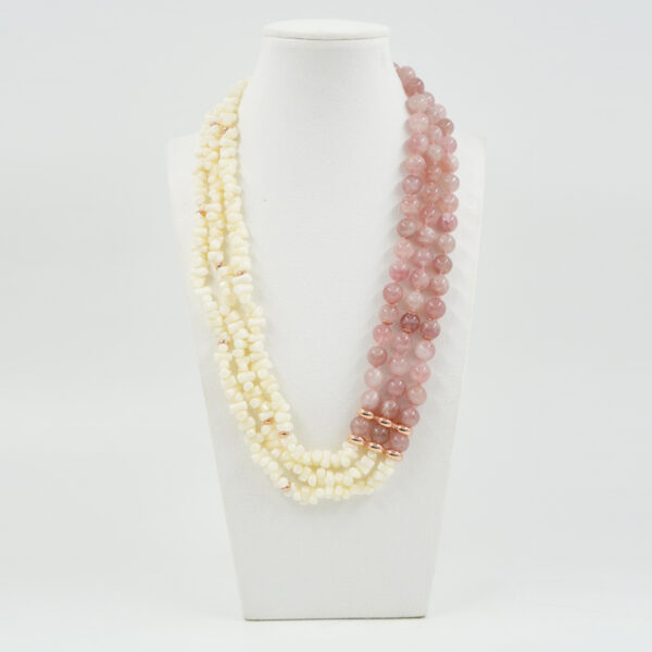 Multistrands Necklace with white coral, larimar, sterling silver clasp – Rose Color