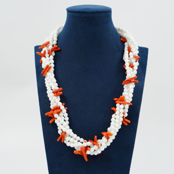 Multistrands Necklace with white agate, orange coral, sterling silver clasp – Golden Color