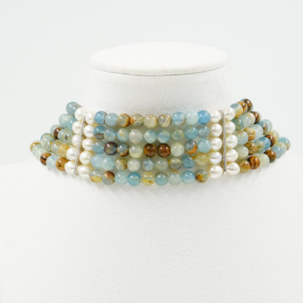 Multistrands Choker necklace with sunstone, natural color pearl, hematite, sterling silver clasp – Rhodium Color