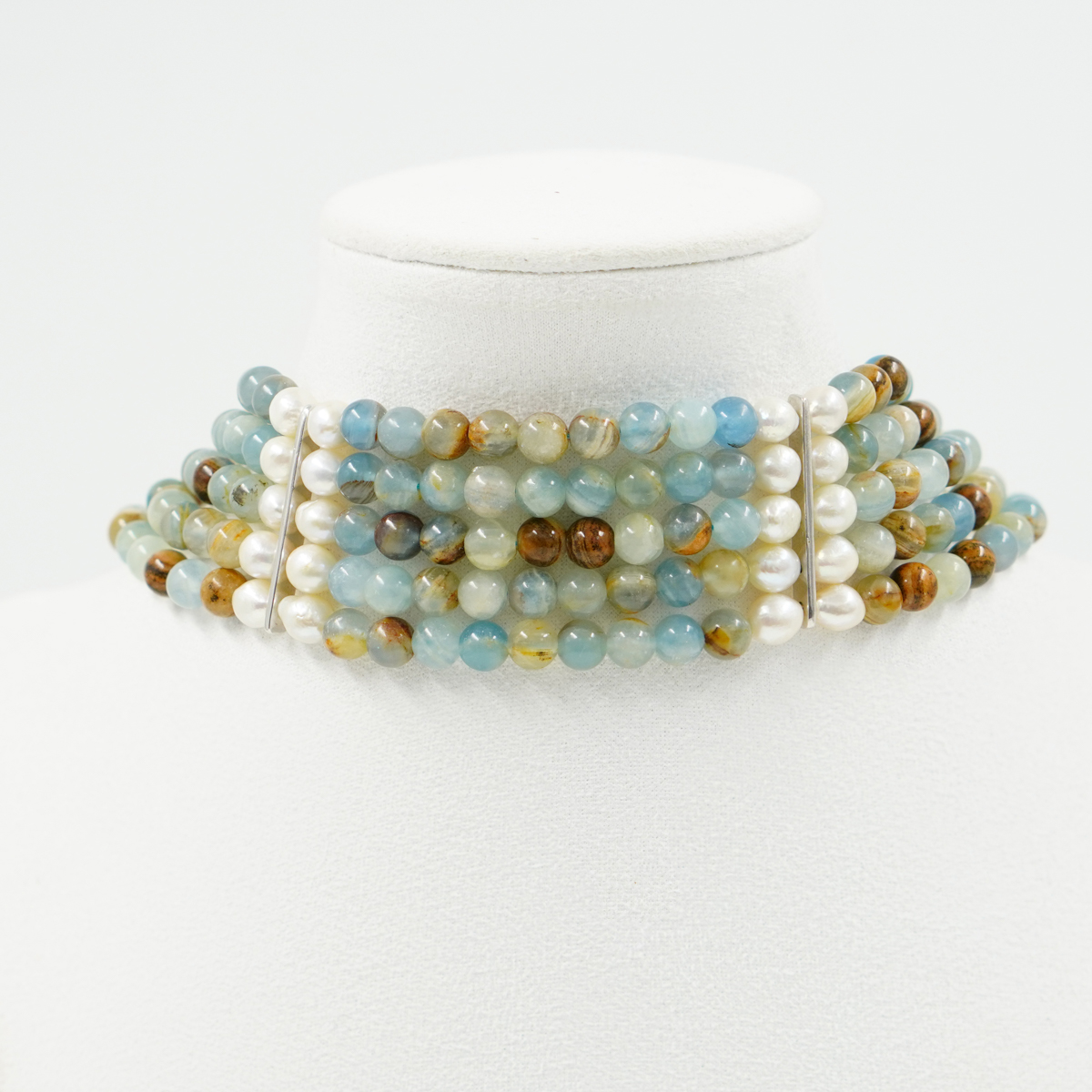 Collana Choker Multifilo con pietra del sole, perla color naturale, ematite, chiusura in argento – Rodiato