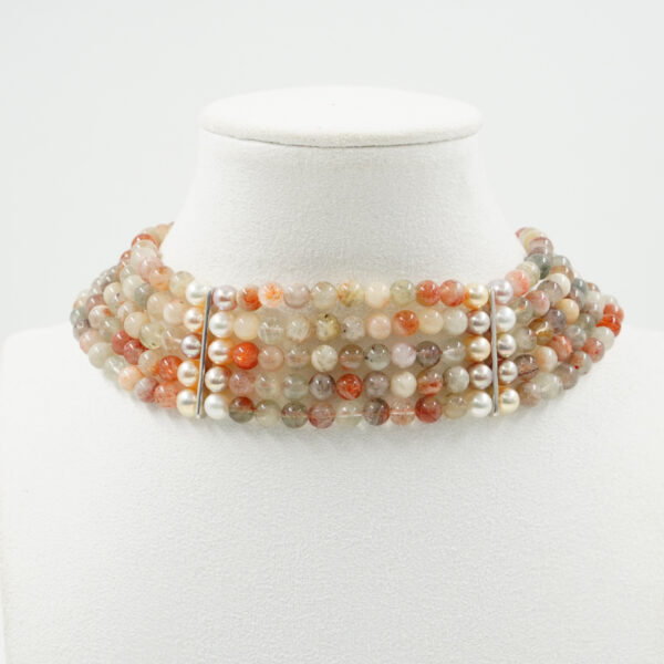 Multistrands Choker necklace with blue calcite, pearl, hematite, sterling silver clasp – Rhodium Color